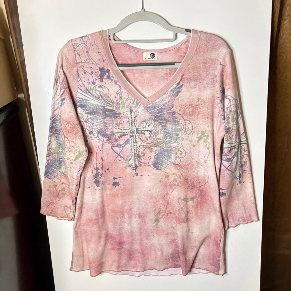 One World Y2K Rhinestone Graphic Top Womens L Pink Cross Angel Wings McBling